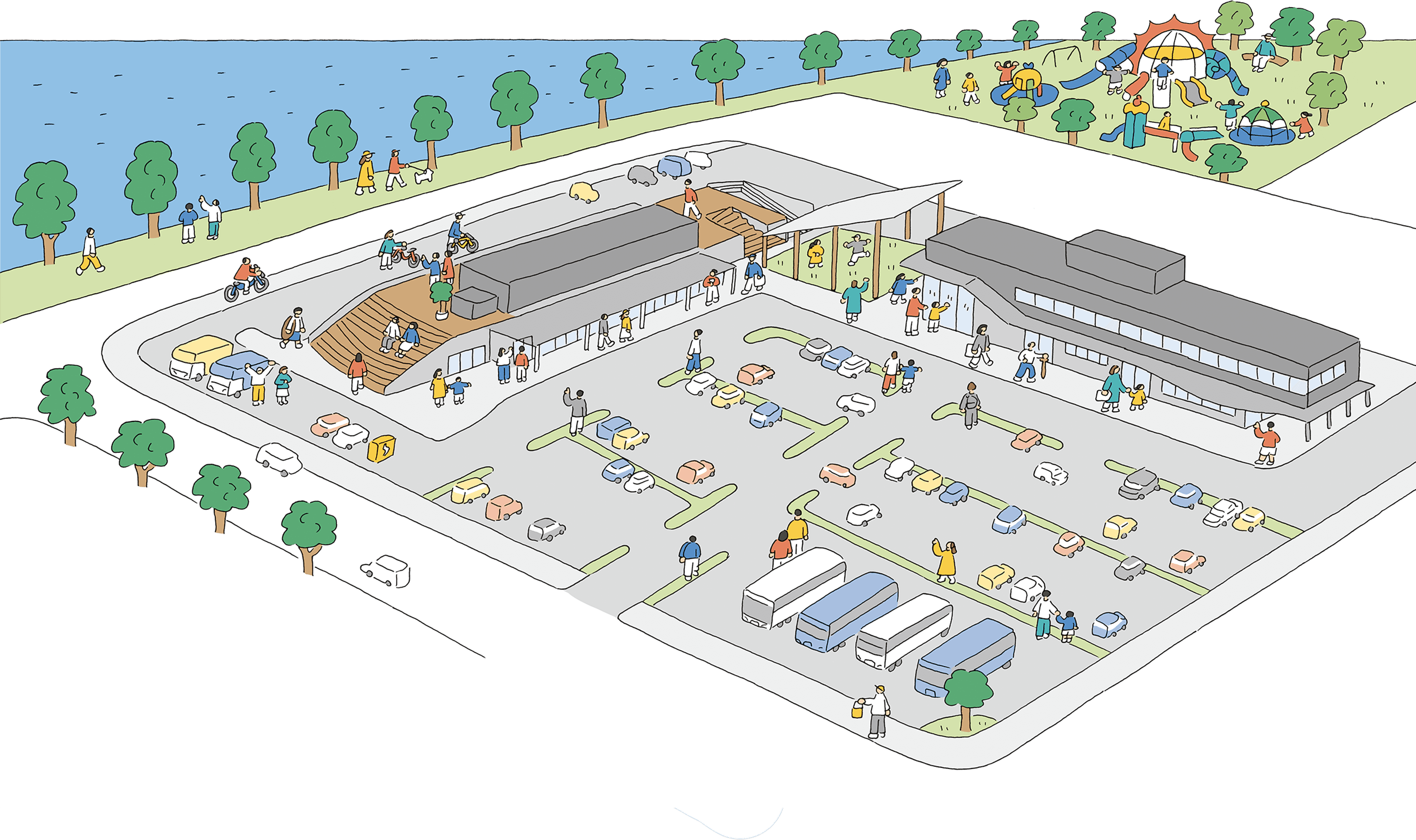 施設テナントについてのイラストの地図。左に道の駅ウィルネスあらお、右上に海陽公園、右下に保健・福祉・子育て支援施設のmirairoがある。